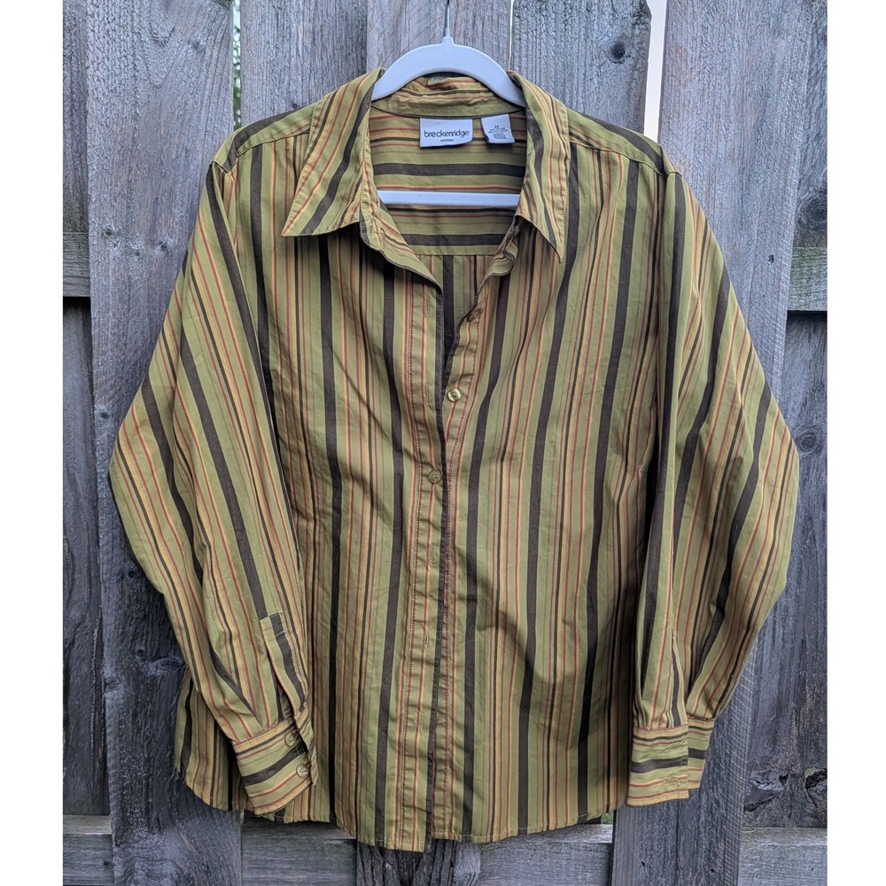 Womens Breckenridge Green Striped Button Down Shirt Excellent Long Sleeve